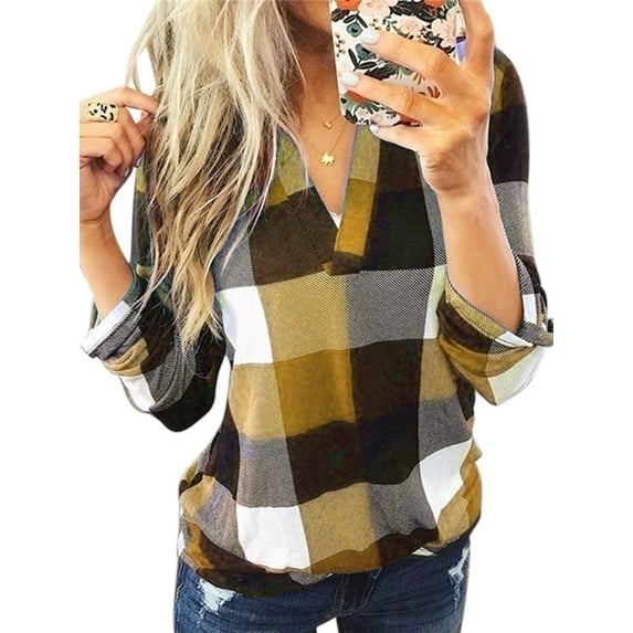 Plus Size Women Vintage Fashion Plaid Pullover Long Sleeve Top Shirt Ladies Popover V Neck Casual Loose Color Block Shirt Blouse Autumn Checked Baggy T Shirt Tops Blouse Size S-5XL