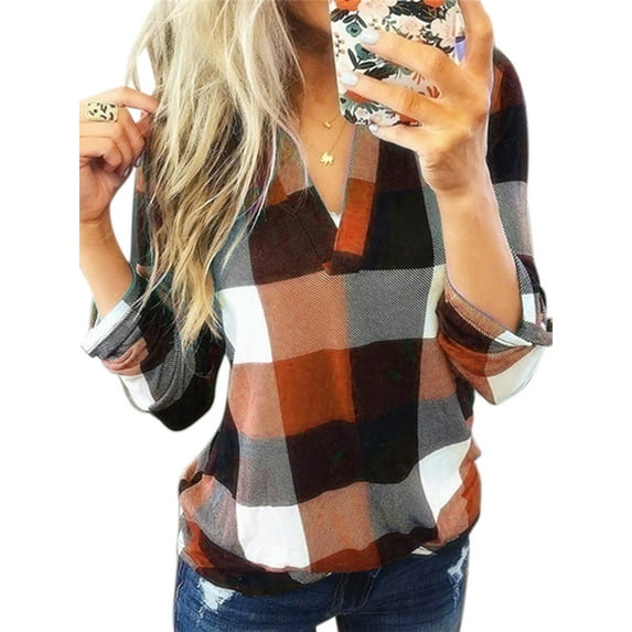 Plus Size Women Vintage Fashion Plaid Pullover Long Sleeve Top Shirt Ladies Popover V Neck Casual Loose Color Block Shirt Blouse Autumn Checked Baggy T Shirt Tops Blouse Size S-5XL