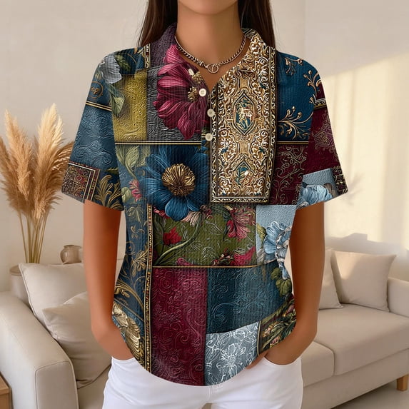Plus Size Women Waffle Knit Fall Tops Hawaiian Button Down Shirts for Women Polo Shirts Long Sleeve V Neck Loose Fit Tun