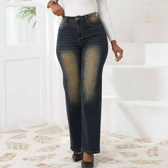 Plus Size Women Wide Leg Jeans High Waist Baggy Jeans for Women Ndbuld Women'S High Waist All Straight Leg Wide Leg Pants Jeans Clearance Under 10 Navy XL