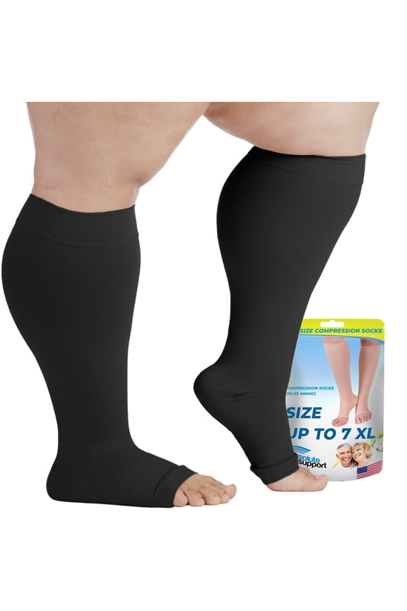 Plus Size Women and Mens Toeless Compression Socks 20-30mmHg - Black, 2XL