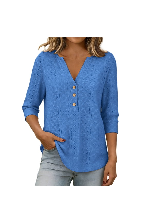 Plus Size Women's 3/4 Sleeve Henley Shirt Palazzo Casual Vintage Blouses Summer Eyelet Loose Vacation T-shirt S-5XL