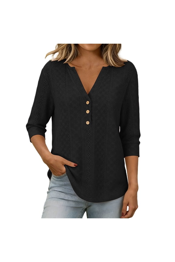 Plus Size Women's 3/4 Sleeve Henley Shirt Palazzo Casual Vintage Blouses Summer Eyelet Loose Vacation T-shirt S-5XL