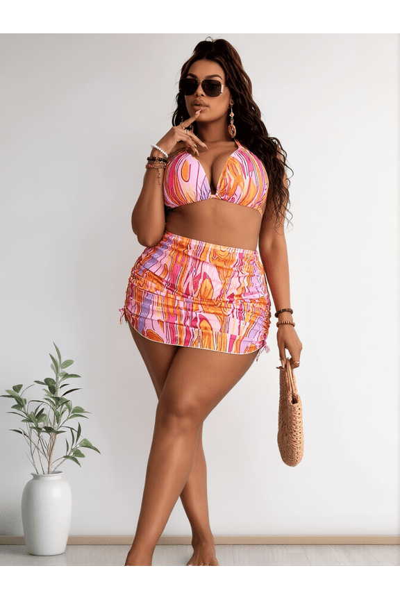 Plus Size Women’s 3 Piece Abstract Pink Orange Swirl Bikini Swim Set, Halter Deep V Padded Bikini Top & High Cut Cheeky Bottoms + Wrap Ruched Swim Skirt, Curvy Tummy Control Modest Bathing Suit for B