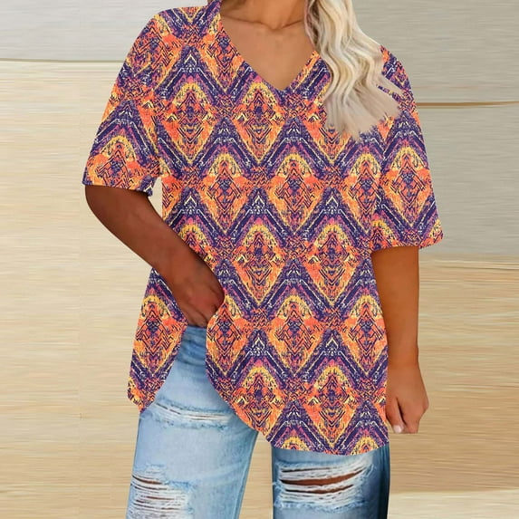 Plus Size Women's 4X Short Sleeve V-Neck Printed Casual Shirt Comfortable and Lightweight Under $10