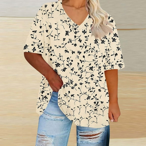 Plus Size Women's 4X Short Sleeve V-Neck Printed Casual Shirt Comfortable and Lightweight Under $10​​