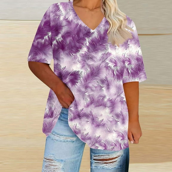 Plus Size Women's 4X Short Sleeve V-Neck Printed Casual Shirt Comfortable and Lightweight Under $10​​