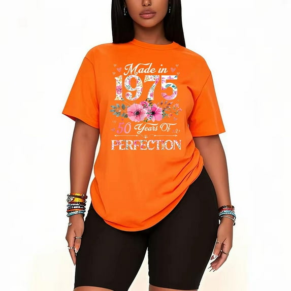 Plus Size Women's 50 Year Old Made In 1975 Floral 50th Birthday Casual T-shirt Set Graphic Print Tee Loose Outfit-orange-3XL