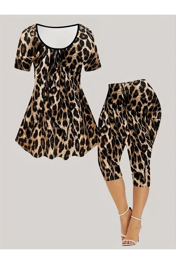 Plus Size Women's All Over Brown Leopard Print Two-Piece Casual Outfit Scoop Neck Gathered Flared Tunic Top & Relaxed Cropped Harem Capri Pants