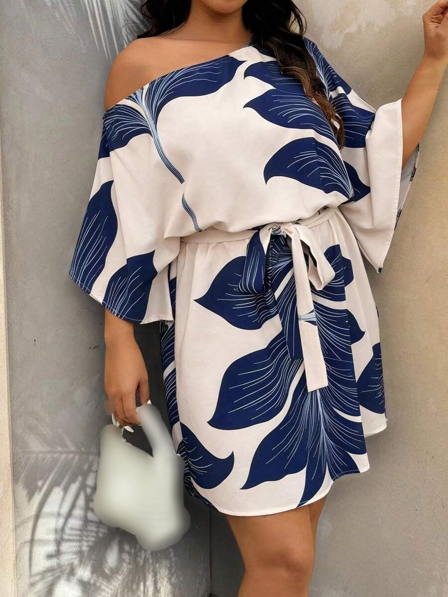 Plus Size Women's Asymmetric Neck Floral Dress, Cinched Waist Tie Front ...