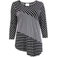 thumbnail image 1 of Plus Size Women's Asymmetrical Striped Keyhole Back Knit T-Shirt Fashion Top Black White 1X (16.009), 1 of 4