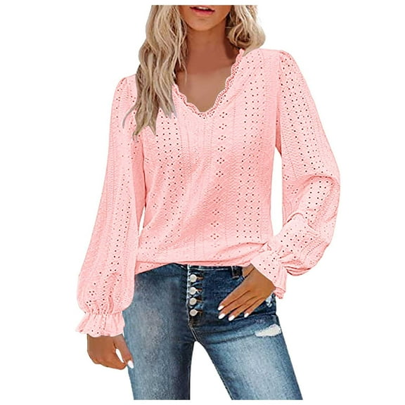 Plus Size Women's Autumn Casual Hollow Neck Pleated Sleeve Shirt Comfortable Stylish Blouse Tunic Top for Fall Season