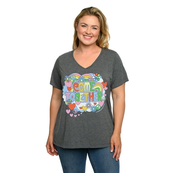 Plus Size Women's Beatles T-Shirt Come Together V-Neck Band Tee Charcoal Gray