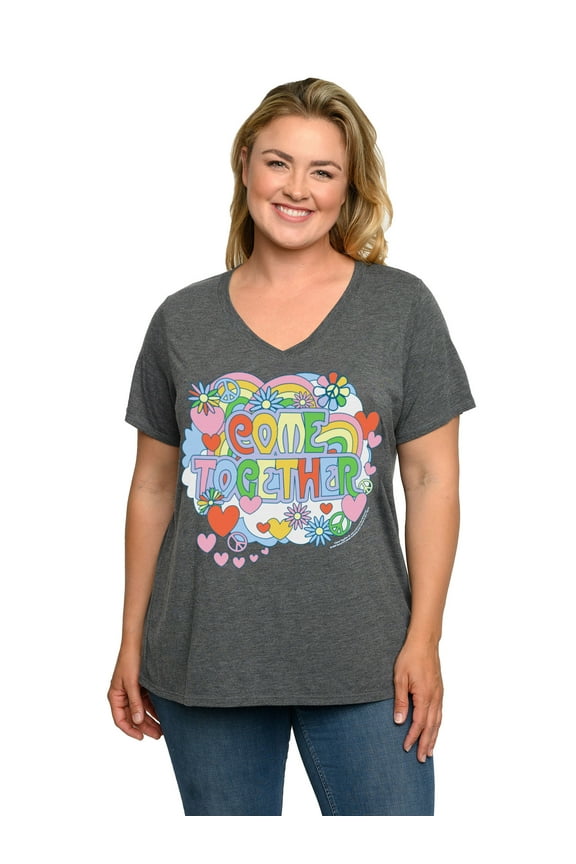 Plus Size Women's Beatles T-Shirt Come Together V-Neck Band Tee Charcoal Gray