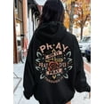 thumbnail image 1 of Plus Size, Women's Black & Geometric Religious Print Hoodie with Pray On It/Through It/Over It Verse - Cross & Leaf Design, Casual Winter Warm Pullover Sweatshirt, 1 of 7