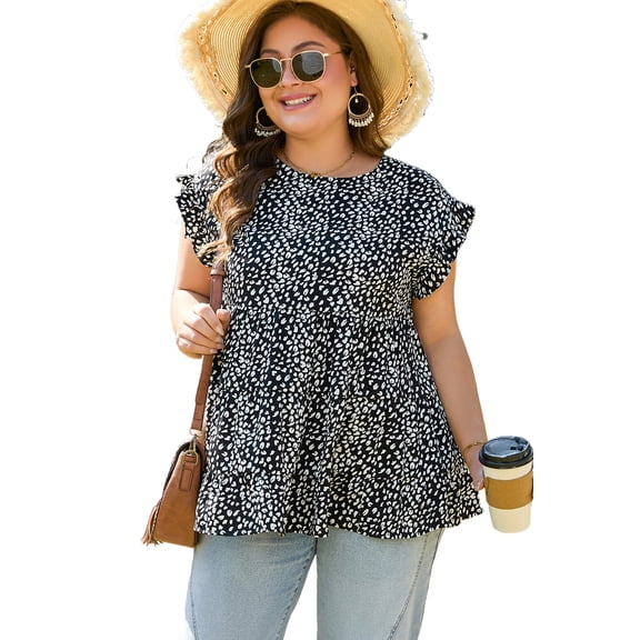 Plus Size Women's Black Leopard Print Ruffled Short Sleeve Blouse with Keyhole Back | [ZhiHiMeRi] | (US 26W-28W)4X