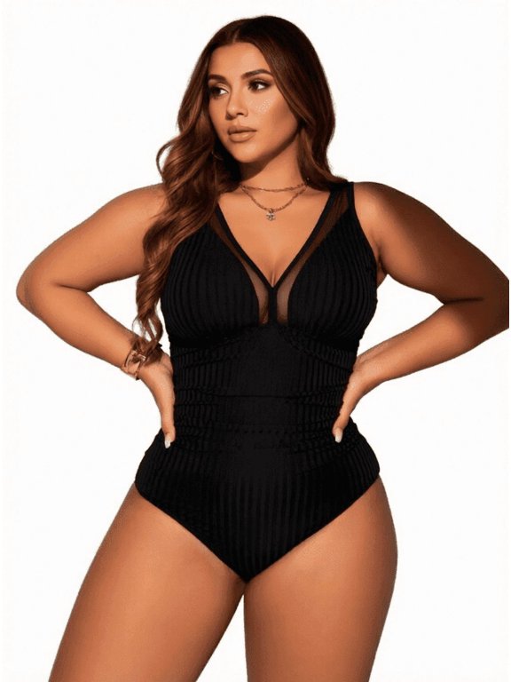 Plus Size Women's Black Ribbed One Piece Swimsuit – Mesh Panel Bathing Suit for Beach and Pool