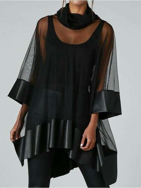 Plus Size Women's Black Semi-Sheer Asymmetrical Blouse, Stack Cowl Neck 3/4 Sleeve Layered Chiffon Tunic Top for Casual & Formal Events