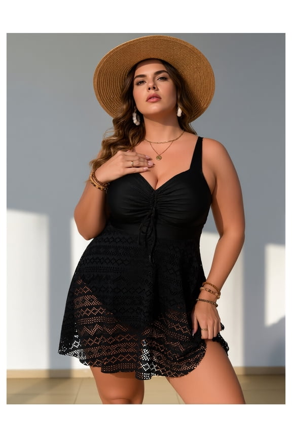 Plus Size Women's Black Skirted Mesh Panel Tummy-Covering Cutout Conservative One-Piece Bikini Swimsuit
