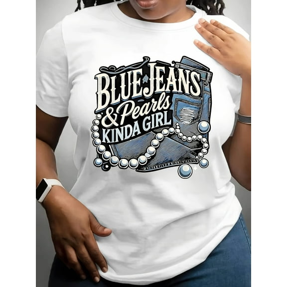 Plus Size Women's Blue Jeans & Pearls Graphic T-Shirt - Cotton Casual Short Sleeve Round Neck Top with Geometric Design for Spring/Summer Daily Wear, Everyday Comfort Tee, Relaxed Fit Shirt