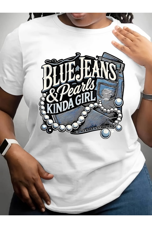 Plus Size Women's Blue Jeans & Pearls Graphic T-Shirt - Cotton Casual Short Sleeve Round Neck Top with Geometric Design for Spring/Summer Daily Wear, Everyday Comfort Tee, Relaxed Fit Shirt