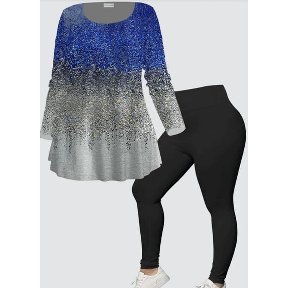 Plus Size Women's Blue Silver Ombre Cascading Glitter Faux Sequin Two-Piece Outfit Long Sleeve Uneven Flared Tunic & Solid Black Tummy Control High Waist Leggings