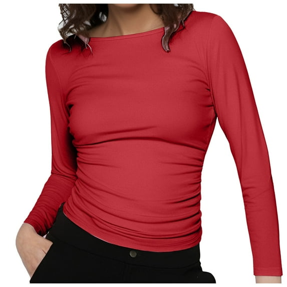 Plus Size Women's Boat Neck Long Sleeve Tee Shirt Casual Fitted Solid Color Basic Top for Fall Season Comfortable Stylish Outfit Loose Dressy Casual Basic Clothes