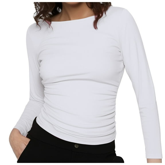 Plus Size Women's Boat Neck Long Sleeve Tee Shirts Casual Fitted Basic Solid Color Fall Tops Comfortable Stretchable Soft Fabric Loose Dressy Casual Basic Clothes