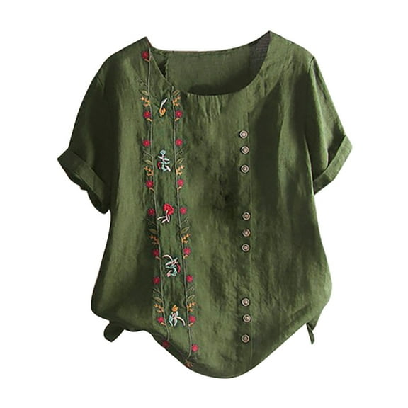Plus Size Women's Bohemian Floral Embroidered Blouse, Plus Size Women Bohemian Floral Embroidered Shirt Short Sleeves Top Blouse Army Green, 5Xl