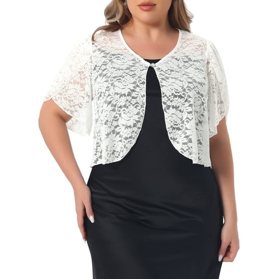 Agnes Orinda Plus Size Women's Bolero Shrugs Floral Lace Tops Elegant Sheer Open Front Short Sleeve Cardigans 2X White