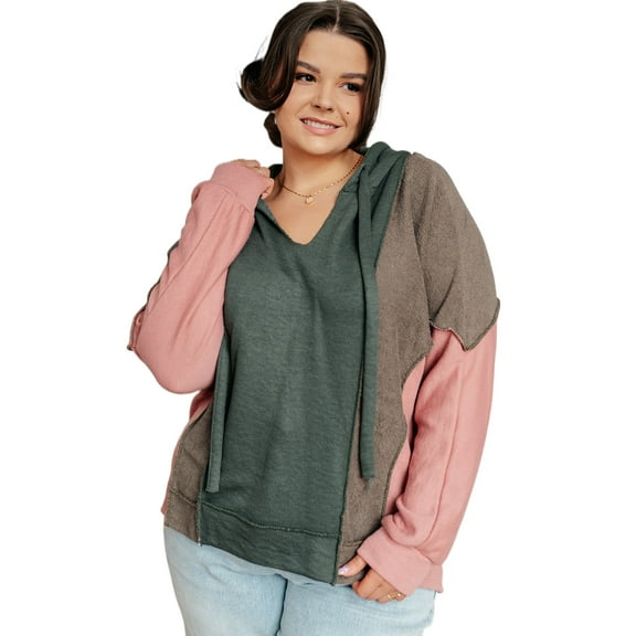 Plus Size Women's Breen Colorblock Patchwork V Neck Hoodie
