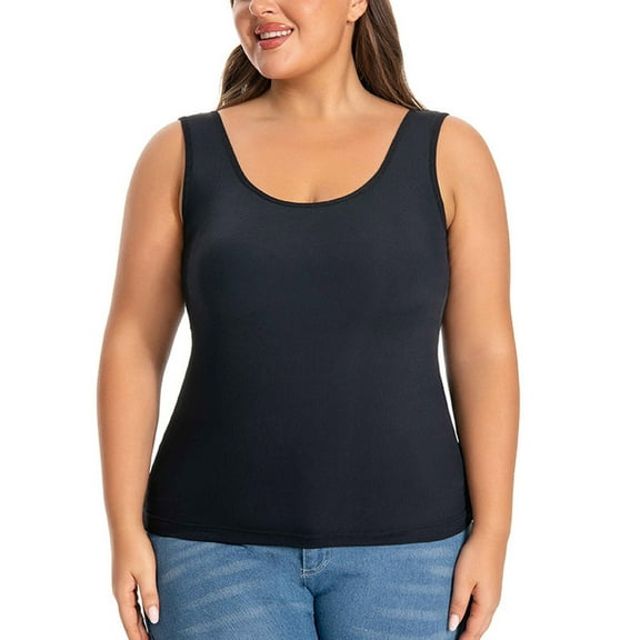 Plus Size Women's Built In Bra Camisole Top Breathable Comfortable Stretchy Basic Tank Vest for Everyday Wear