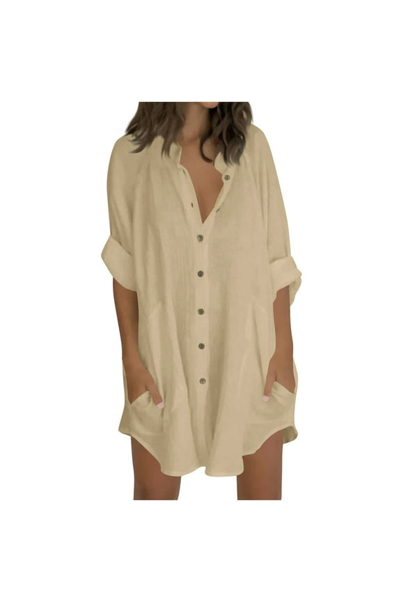 Plus Size Women's Button Up Cotton Linen Shirts Long Sleeve Oversized Blouses Loose Cover Up Beach Tunic Tops with Pockets