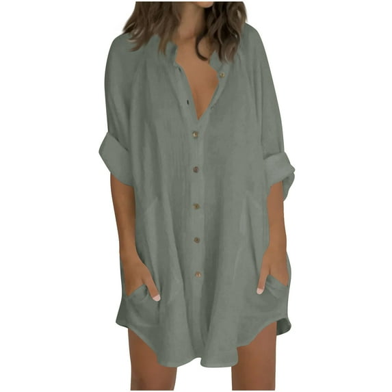 Plus Size Women's Button Up Cotton Linen Shirts Long Sleeve Oversized Blouses Loose Cover Up Beach Tunic Tops with Pockets