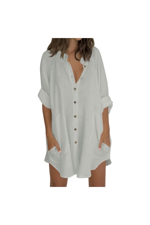 Plus Size Women's Button Up Cotton Linen Shirts Long Sleeve Oversized Blouses Loose Cover Up Beach Tunic Tops with Pockets
