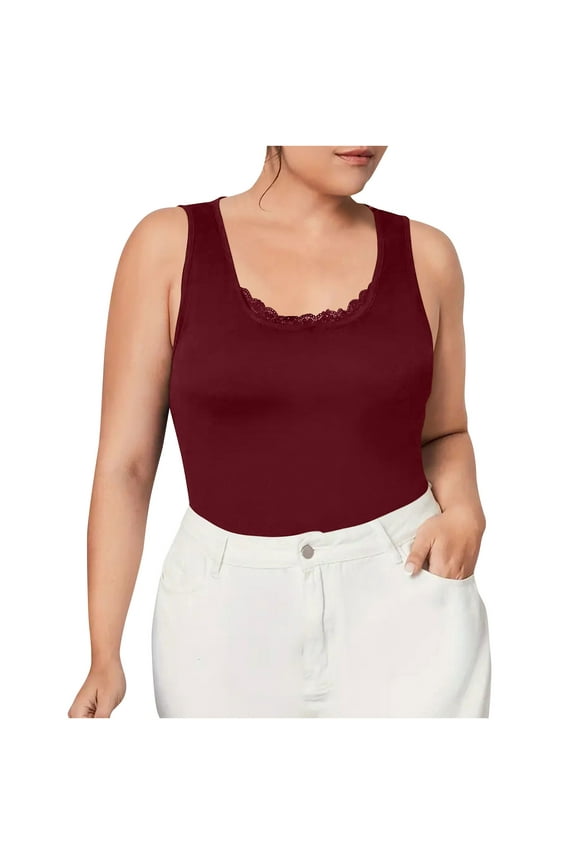 Plus Size Women's Camisole New Solid Color Lace U-neck Camisole Sleeveless Soft Tops Red 2XL