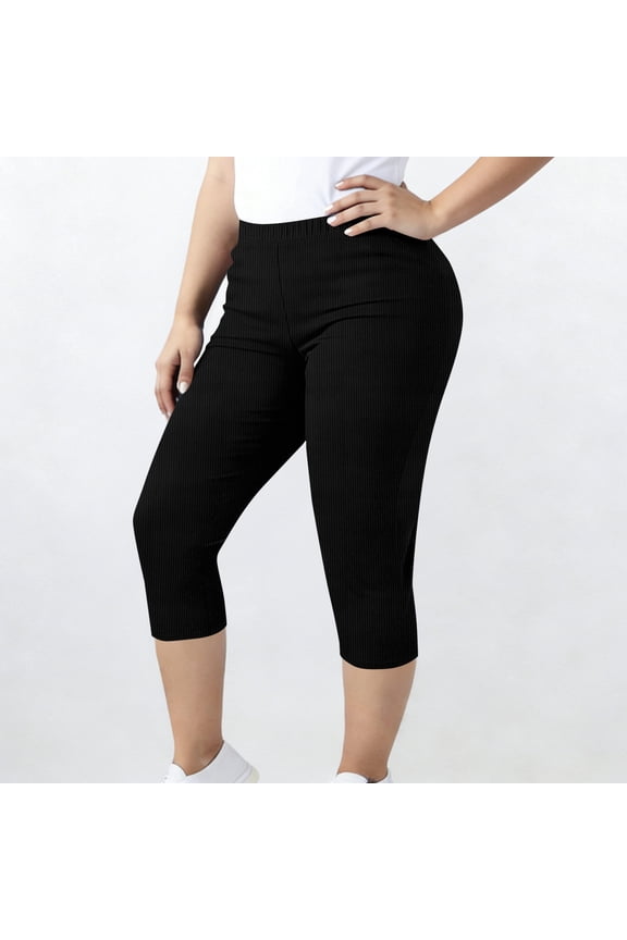 Plus Size Women's Capris, Fashion Plus Size Yoga Pants Capris Solid Color Elastic Waist for Women, Ribbed Workout Capri Pants, Athletic Compression Pants for Sports and Lounge