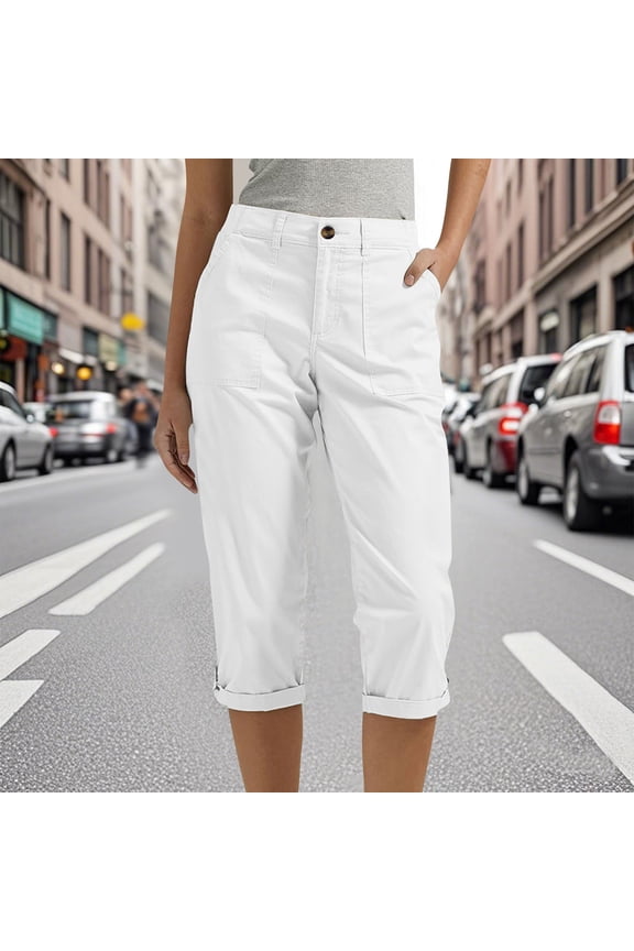 Plus Size Women's Cargo Capris with Pockets Summer Casual Loose Cropped Pants Solid Color High Waisted Work Button Long Shorts for Hiking