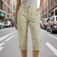 thumbnail image 1 of Plus Size Women's Cargo Capris with Pockets Summer Casual Loose Cropped Pants Solid Color High Waisted Work Button Long Shorts for Hiking, 1 of 7