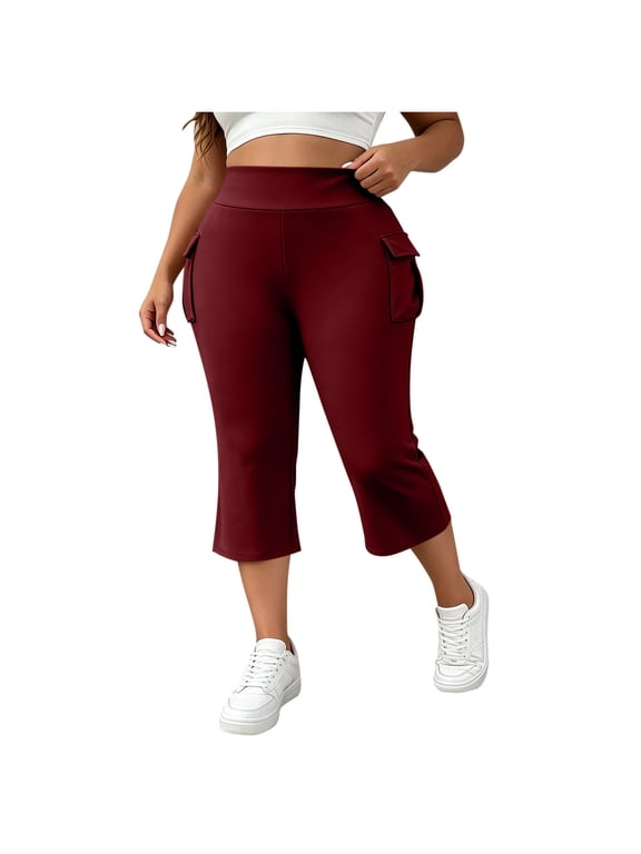 Plus Size Women's Cargo Flared Capris High Waisted Stretchy Cropped Bootcut Trouser Summer Casual Workout Yoga Crop Pants