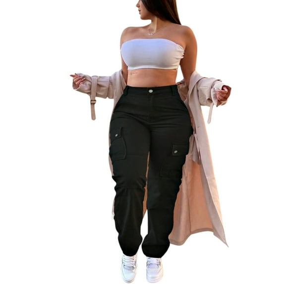 Plus Size Women's Cargo Pants - High Waisted Solid Color Casual Pants with Pockets
