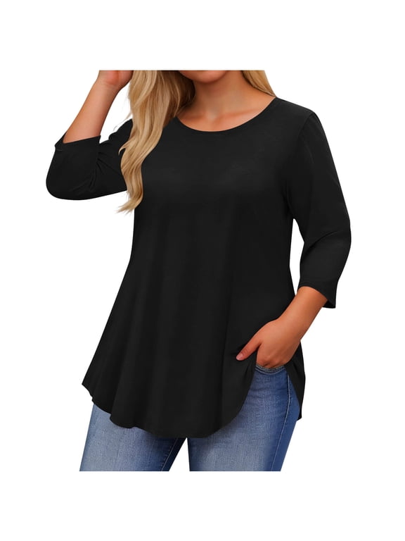 Plus Size Women's Casual Crew Neck Short-Sleeved Shirt Summer Top Tees Loose Fit Summer Basic T-Shirt Black XXL