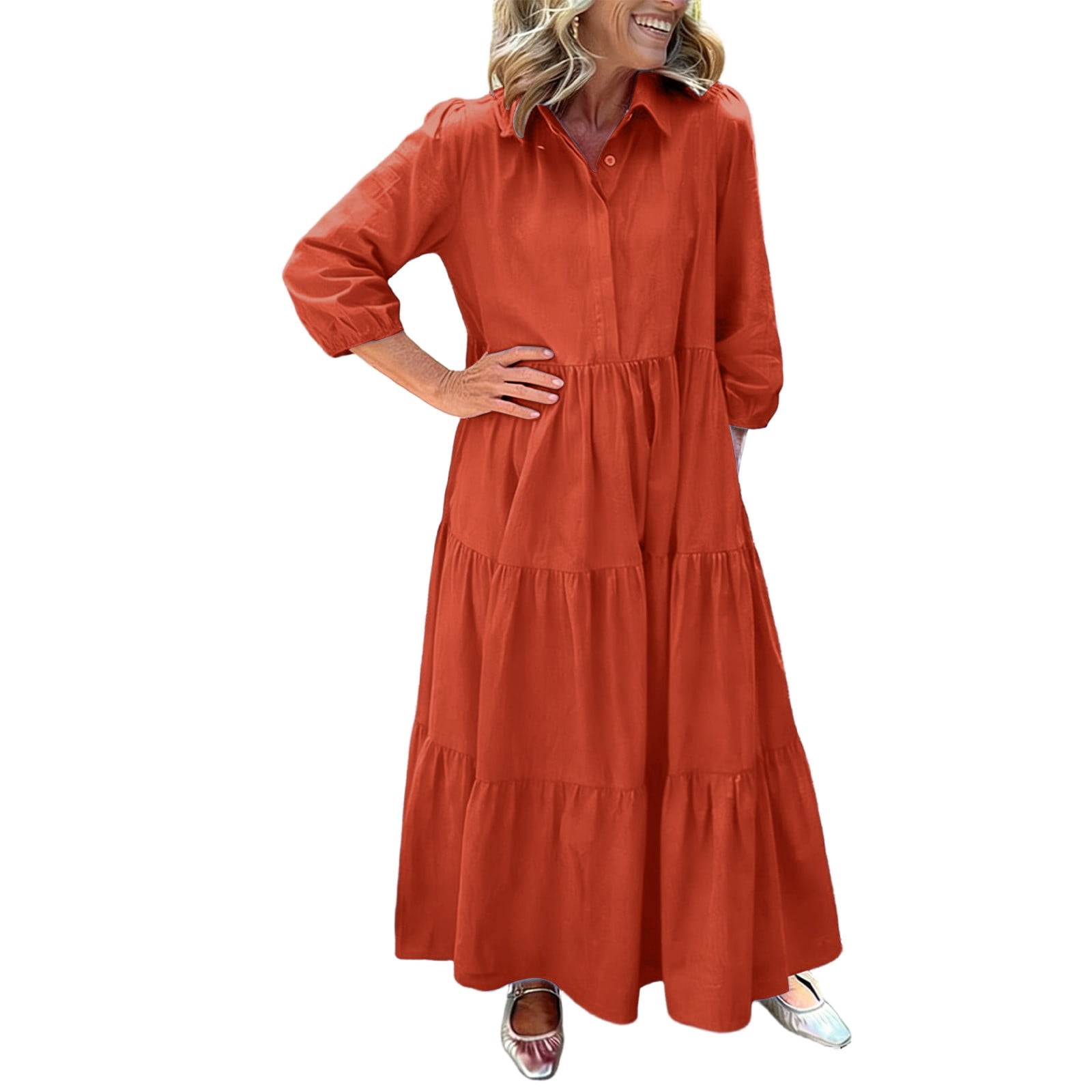 Plus Size Women's Casual Dress Relaxed Collared Shirt Dress With Puffy ...