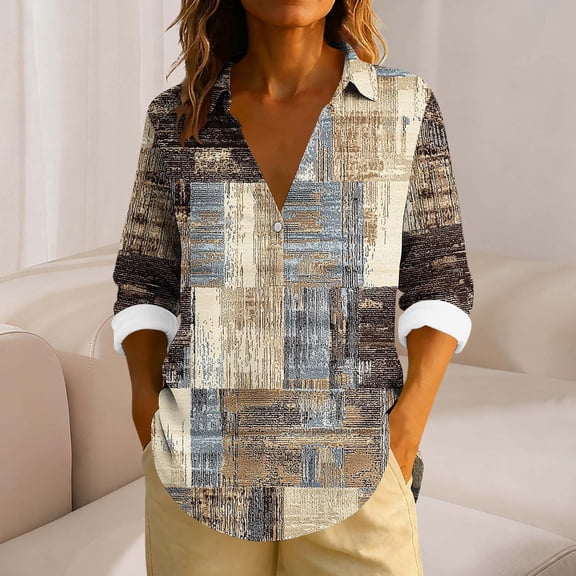 Plus Size Women's Casual Fashion Loose Unstructured Print Linen Long Sleeve V-Neck Button-Up Top