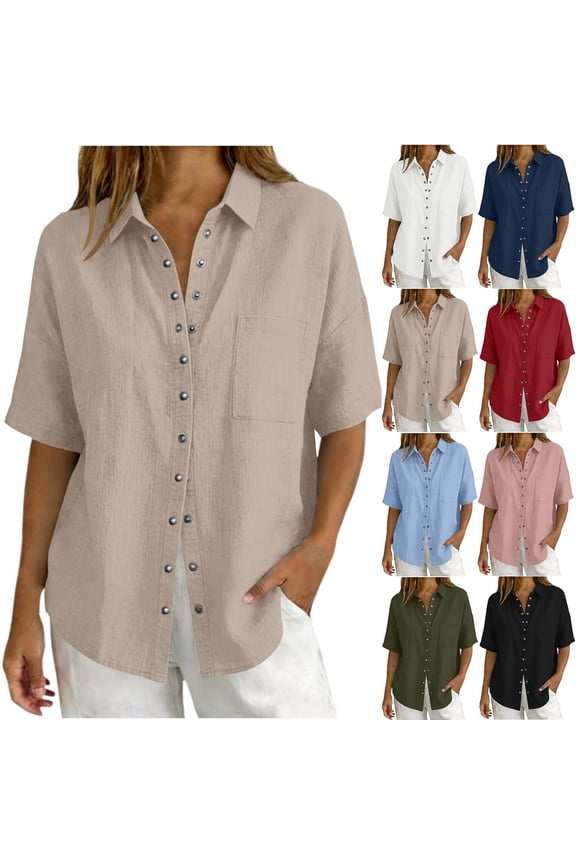 Plus Size Women's Casual Flared V Neck Short Sleeve Button Up Solid Color Top Blouse With Pockets Soft Lightweight Daily Wear | CSEONE,Navy 2XL