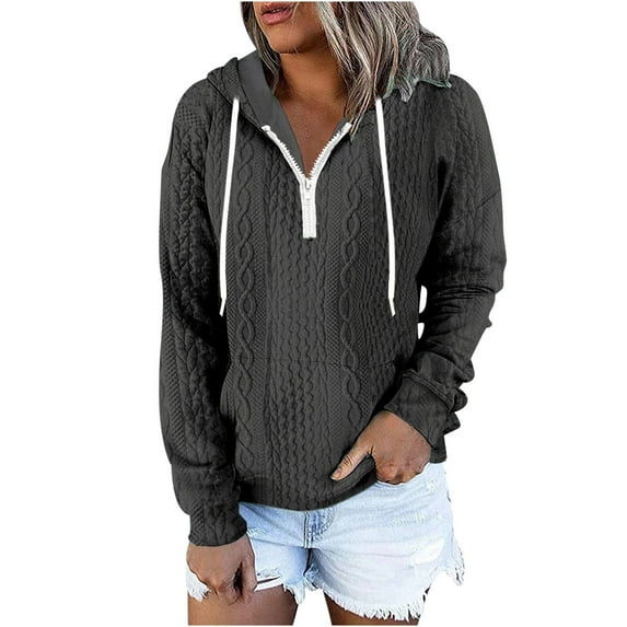 Plus Size Women's Casual Hoodies Tops Long Sleeve Quarter Zip Jacquard Design Solid Sweatshirts Pullover Tops with Pocket Dark Gray,S