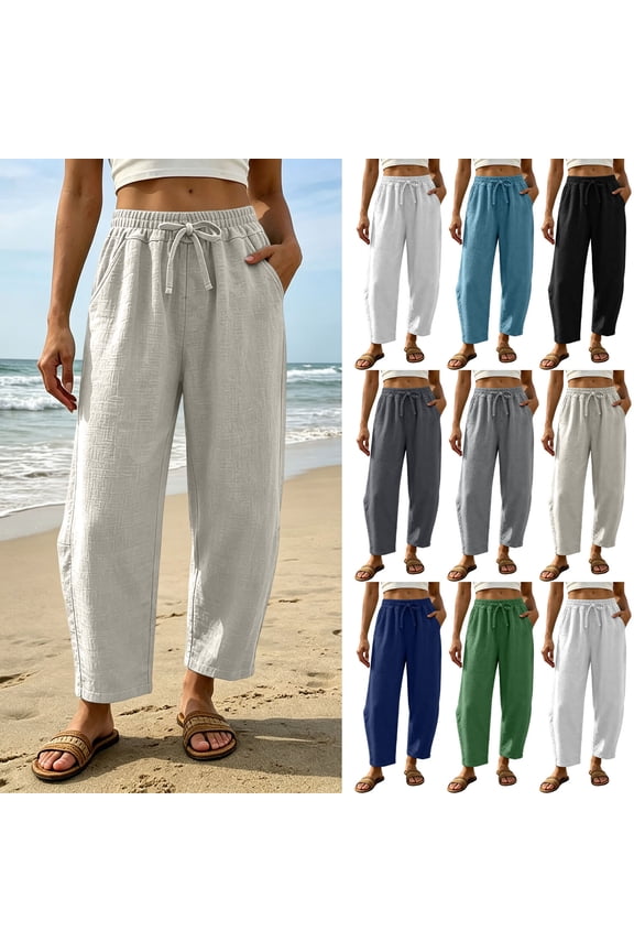 Plus Size Women's Casual Loose Cropped Pants Elastic Waist Drawstring Tapered Pants With Pockets For Summer, Cotton Blend Soft Fabric, Relaxed Fit Tapered Leg Wide Hem Side