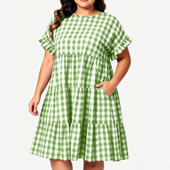 Plus Size Women’s Casual Plaid Midi Dress, Short Sleeve Round Neck, Tiered Ruffle Dress with Pockets