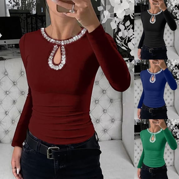 Plus Size Women's Casual Round Neck Long Sleeve Rhinestone Sparkly Blouse Tunic Top Comfy Trendy Outfits For Work Date Night | CSEONE,Wine 2XL