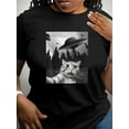 thumbnail image 1 of Plus Size Women's Casual Shirt A Cat Taking A Selfie With A Ufo Graphic Loose Short Sleeves T-Shirt, 1 of 6